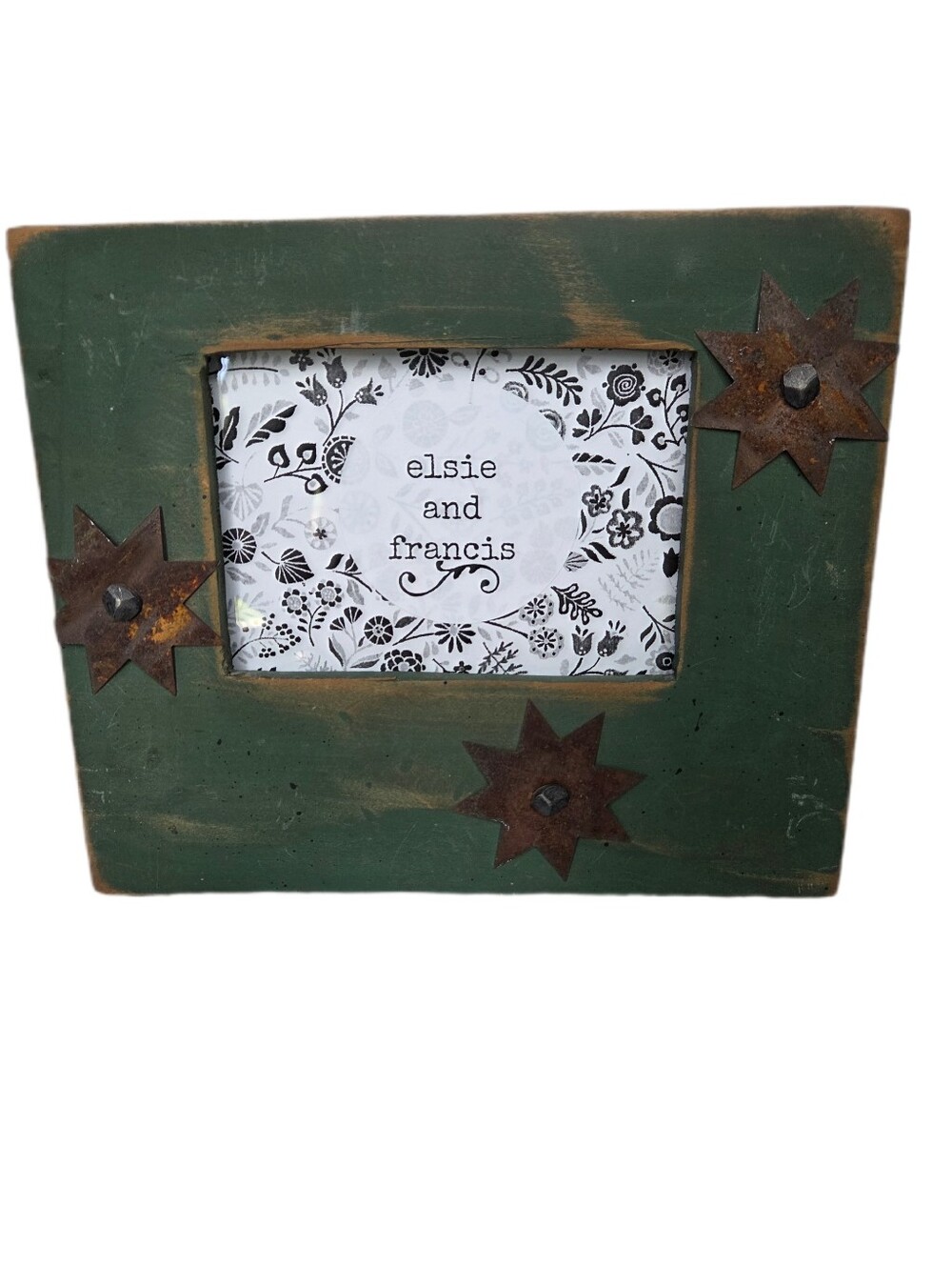 Distressed Vintage Green Wooden Frame with Rustic Metal Star Accent Landscape